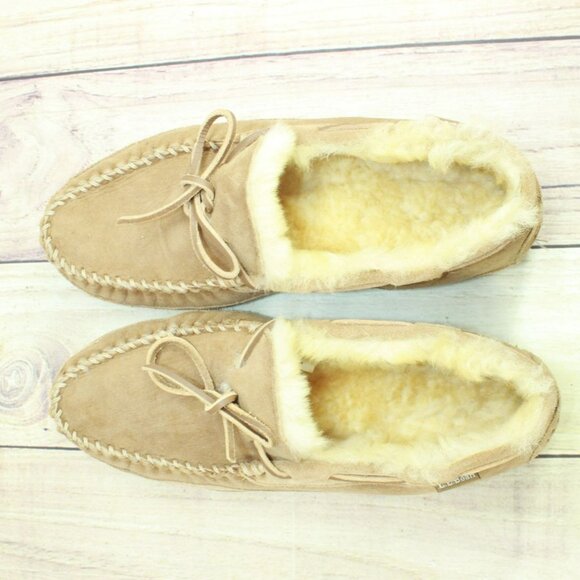 LL Bean Brown Suede Wicked Good Shearling Lined Moccasin Slippers Size 11 M - Picture 7 of 9